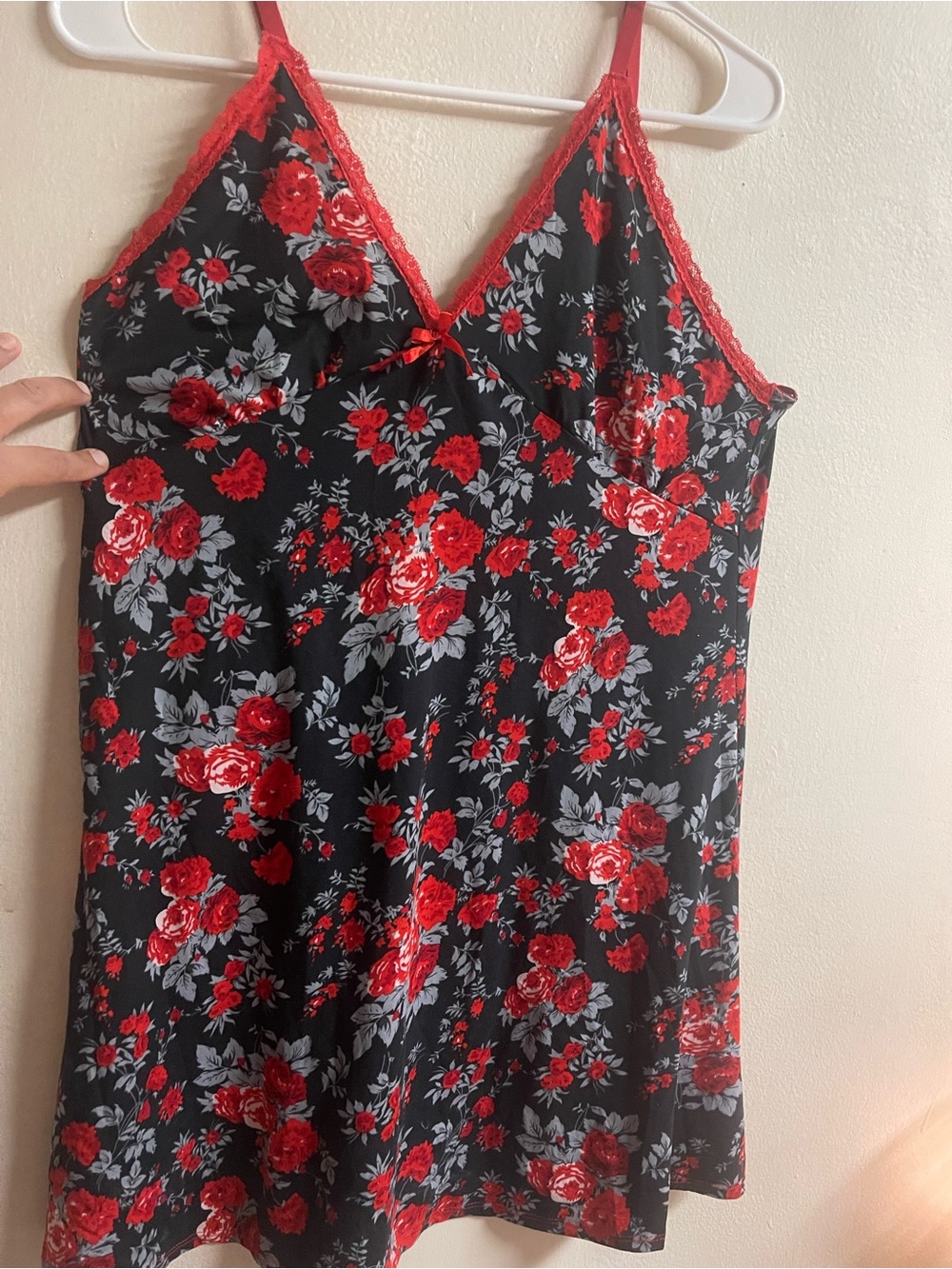 Floral Lace-Trim Chemise Slip - Black with Red Roses